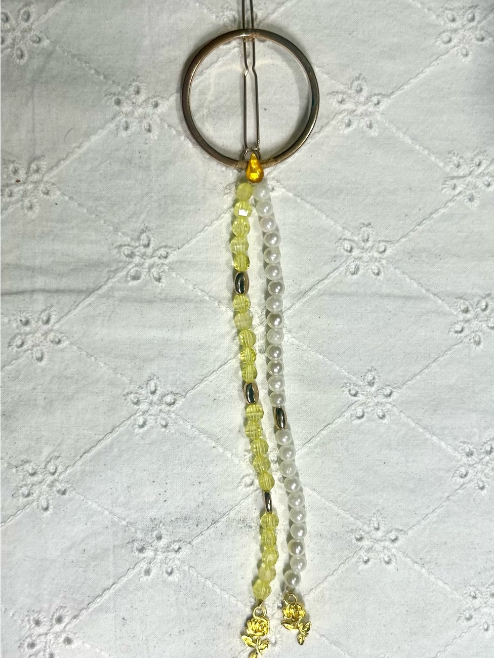 Yellow and Pearl Beaded Keychain Charm